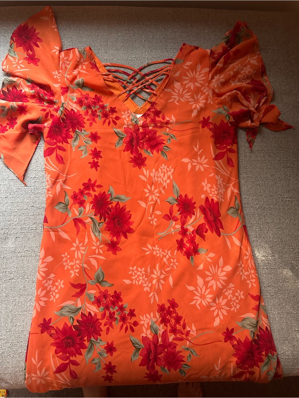Orange Floral V-Neck Tunic with Red Blooms